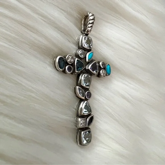 RARE David Yurman confetti diamond topaz turquoise cross pendant - Picture 3 of 11